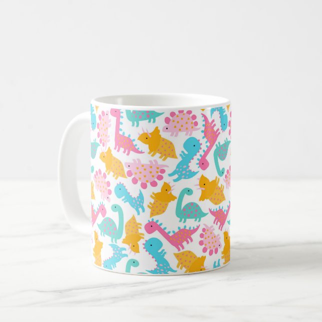 Fun Pink & Teal Dinosaur Pattern Coffee Mug (Front Left)