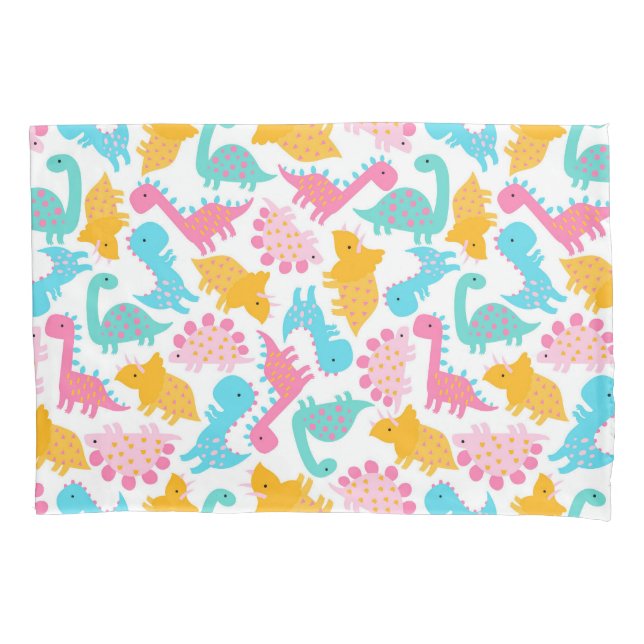 Fun Pink & Teal Dinosaur Pattern Pillowcase (Front)