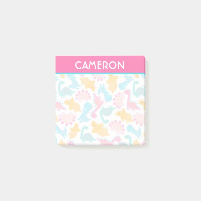 Fun Pink & Teal Dinosaur Pattern Post-it Notes (Front)
