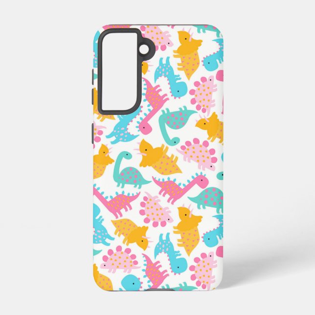 Fun Pink & Teal Dinosaur Pattern Samsung Galaxy S21 Case (Back)