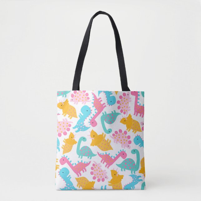 Fun Pink & Teal Dinosaur Pattern Tote Bag (Front)