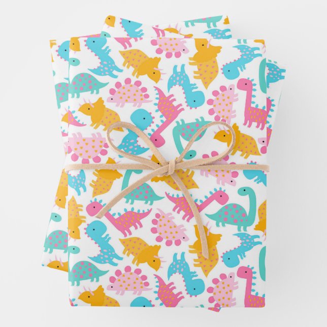 Fun Pink & Teal Dinosaur Pattern Wrapping Paper Sheet (In situ)