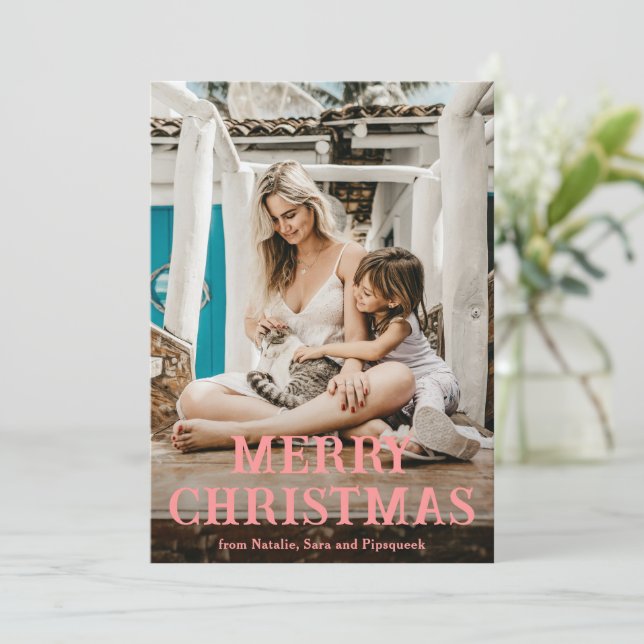 Fun Pink Vintage Font Photo Modern Christmas Holiday Card (Standing Front)