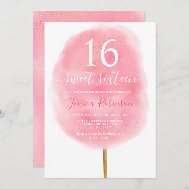 Fun pink watercolor cotton candy glitter sweet 16 invitation (Front/Back)