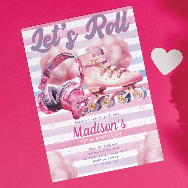 Fun Pink Watercolor Roller Blade Birthday Invitation (Creator Uploaded)