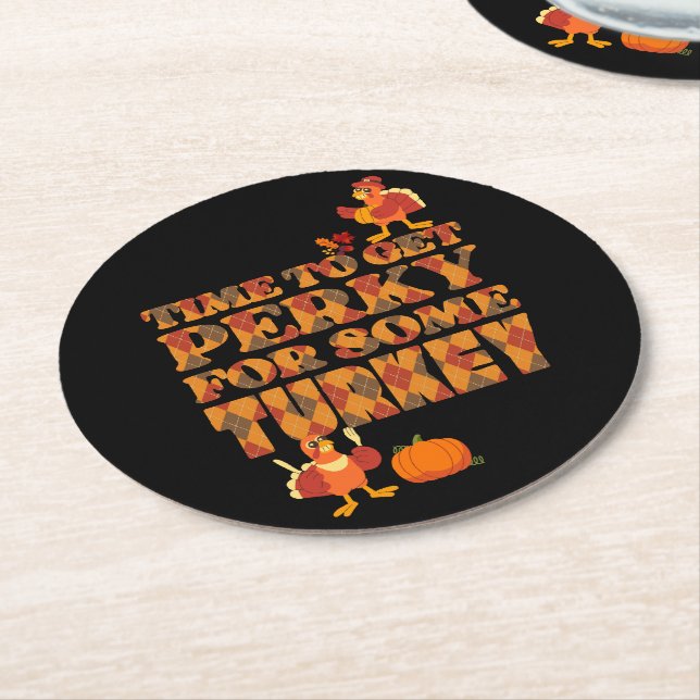 Fun Plaid GET PERKY FOR TURKEY Thanksgiving Round Paper Coaster (Angled)
