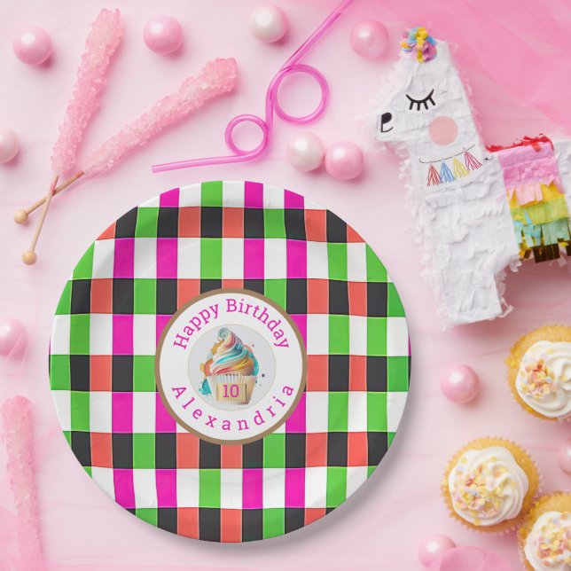 Fun Plaid Pink and Green  | Cupcake Paper Plate (Party)
