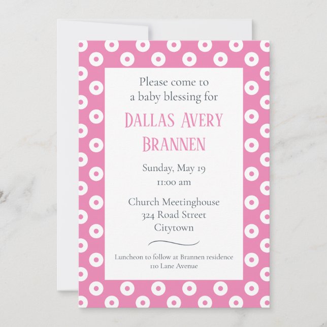Fun & Playful Pink Polka-Dot Baby Blessing Invita Invitation (Front)