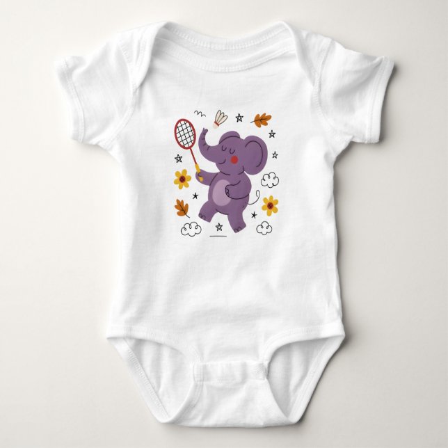 Fun playing baby elephant  bodysuit (Front)
