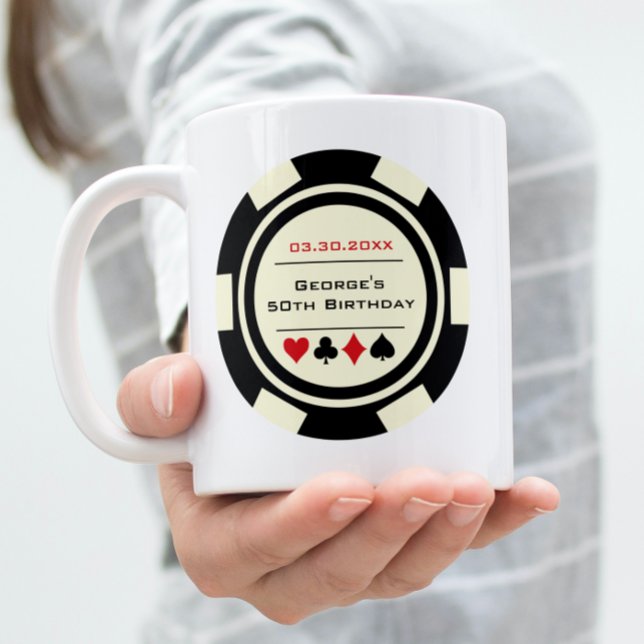 Fun Poker Chip Black Off White Casino Birthday Coffee Mug (Creator Uploaded)