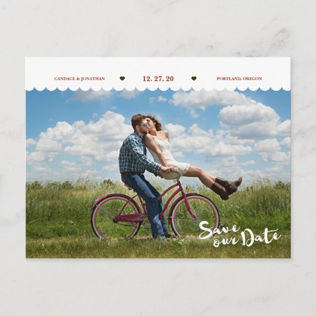 Fun Polka Dots Brush Script Photo Save the Date Announcement Postcard (Front)