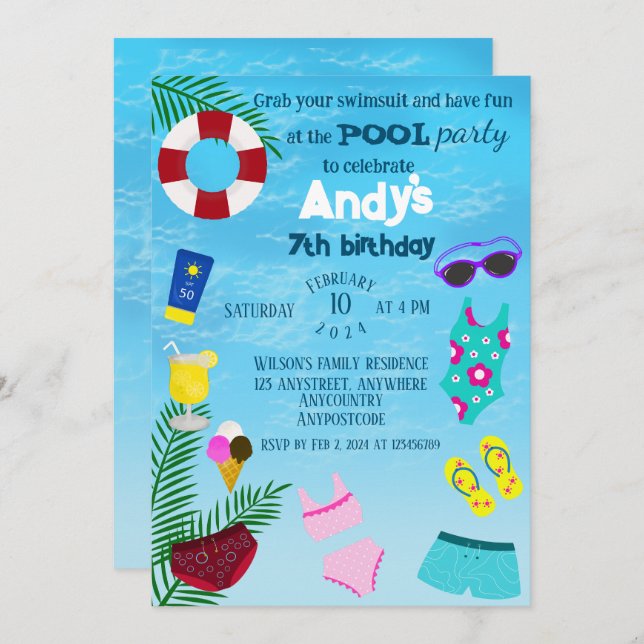 Fun Pool Birthday Party  Invitation (Front/Back)