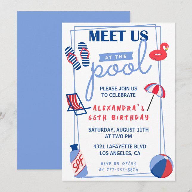 Fun Pool Party 66th birthday invitations  Summer (Front/Back)