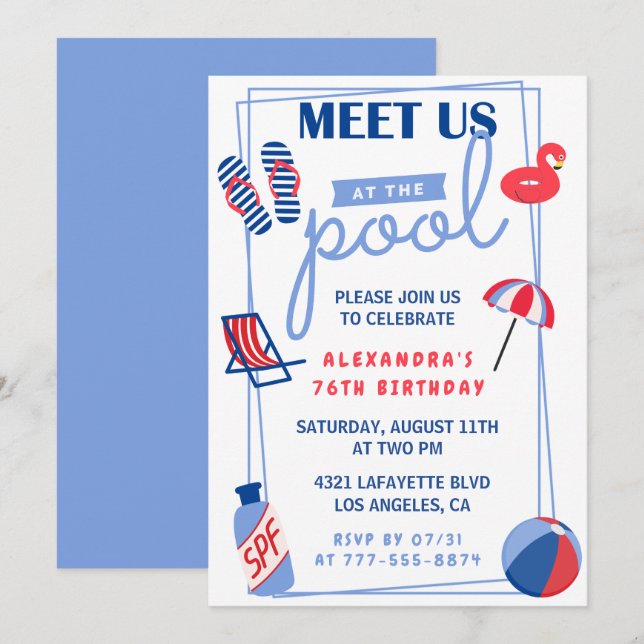 Fun Pool Party 76th birthday invitations  Summer (Front/Back)
