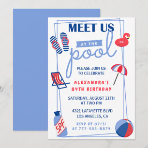 Fun Pool Party 84th birthday invitations Summer