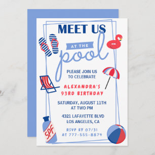 Fun Pool Party 93rd birthday invitations Summer