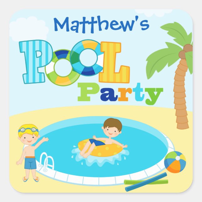 Fun pool party boys birthday party stickers (Front)
