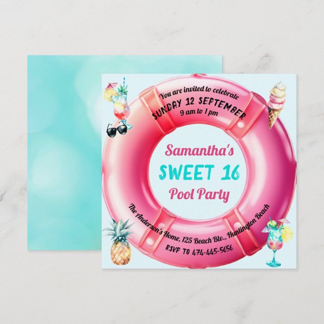 Fun Pool Party Cocktails Pineapple Sweet 16 Cute  Invitation (Front/Back)