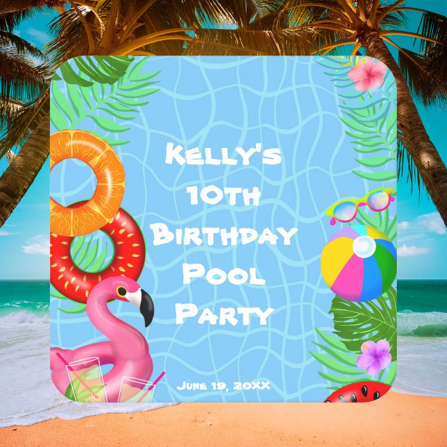 Fun Pool Party Swimming Birthday Square Paper Coaster (Great fun coaster for a summer fun!)