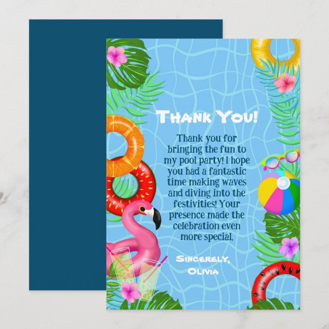 Fun Pool Party Swimming Birthday Thank You Card (Front/Back)