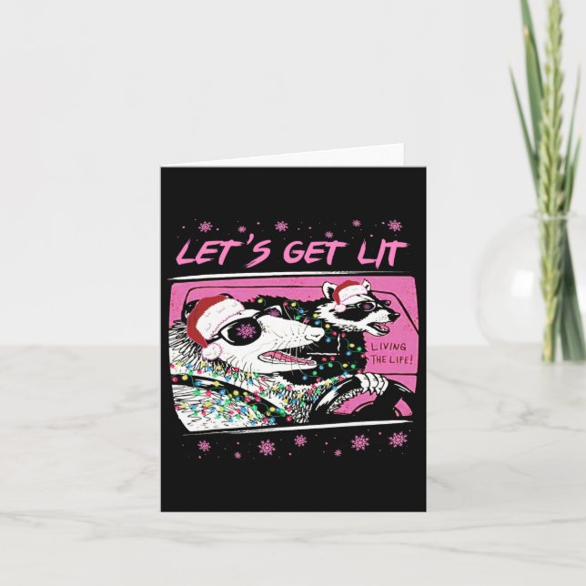 Fun Possum Racoon Lets Get Trash Street Pink Chri Card (Front)