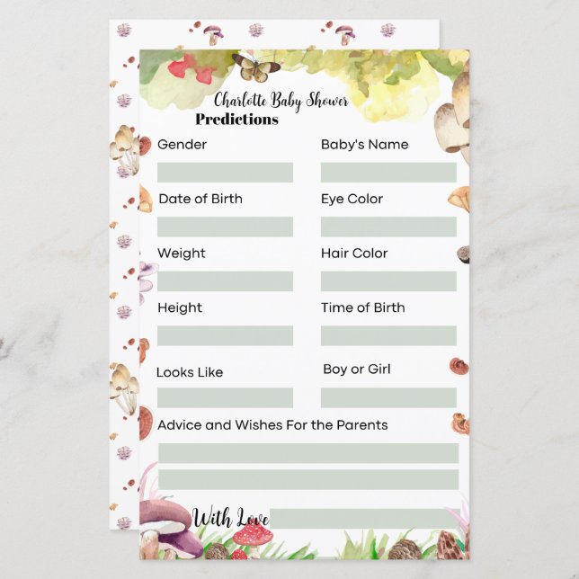 fun Predictions Baby Shower Game mushroom (Front/Back)