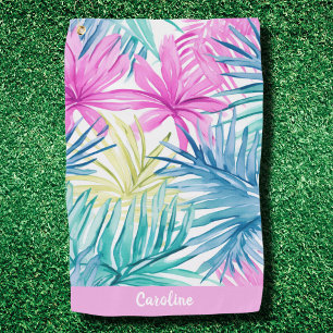 Fun Preppy Monogram Tropical Leave Pattern Pink Golf Towel