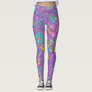 Fun Pretty Colour Purple Boho Hippie Floral Patter Leggings
