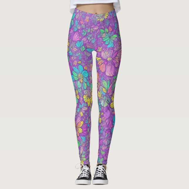 Fun Pretty Colour Purple Boho Hippie Floral Patter Leggings (Front)
