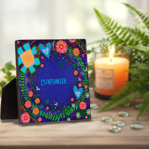 Fun Pretty Floral Heart Blue ONE WORD Custom  Plaque