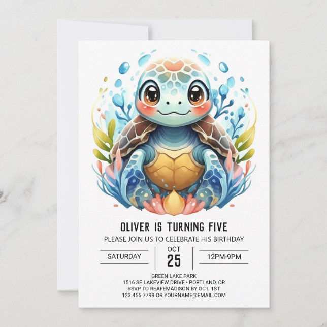  Fun Printable Blue Turtle Boy Birthday Invitation (Front)