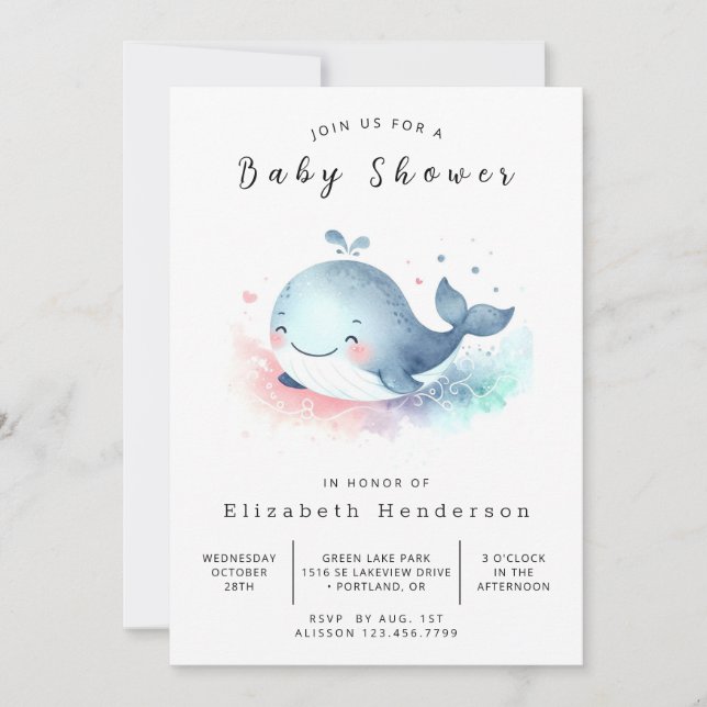 Fun Printable Whale Baby Shower Invitation (Front)