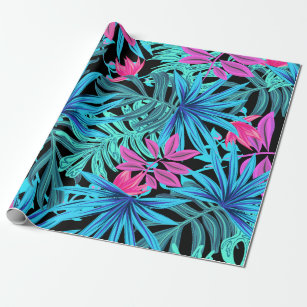 Fun Psychedelic and Glowing Neon Tropical Leaves Wrapping Paper