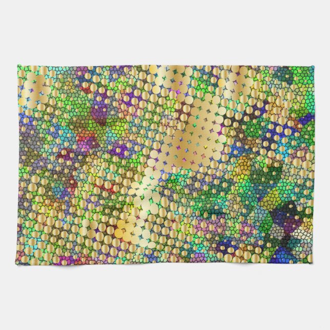 Fun Psychedelic with a Splatter of Gold Dots Tea Towel (Horizontal)