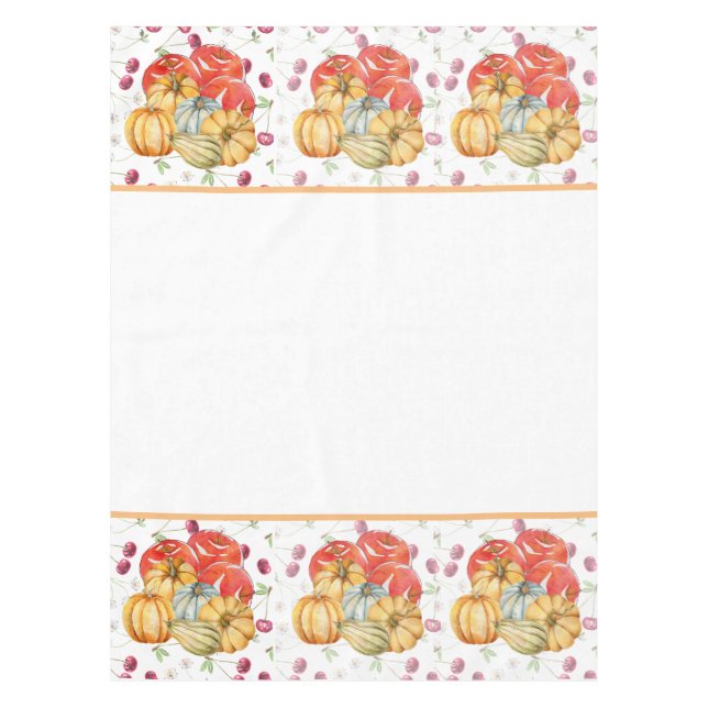 Fun Pumpkin and Apples Fall Season White Tablecloth (Front)