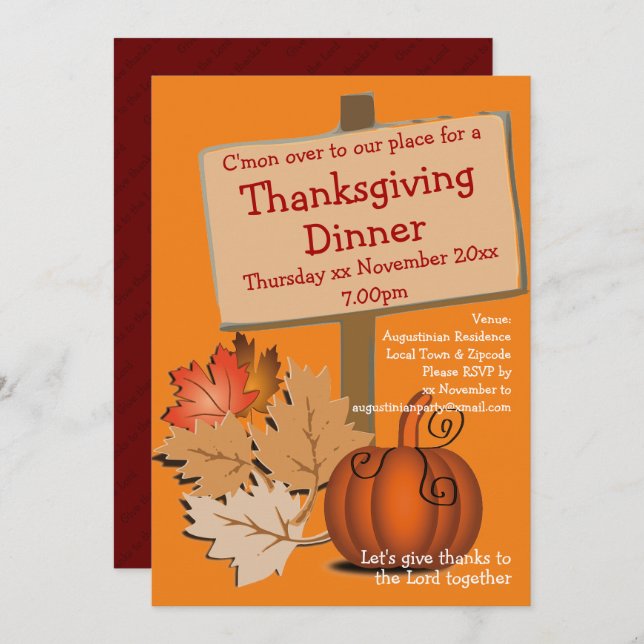 Fun Pumpkin Autumn Leaves THANKSGIVING DINNER Invitation (Front/Back)