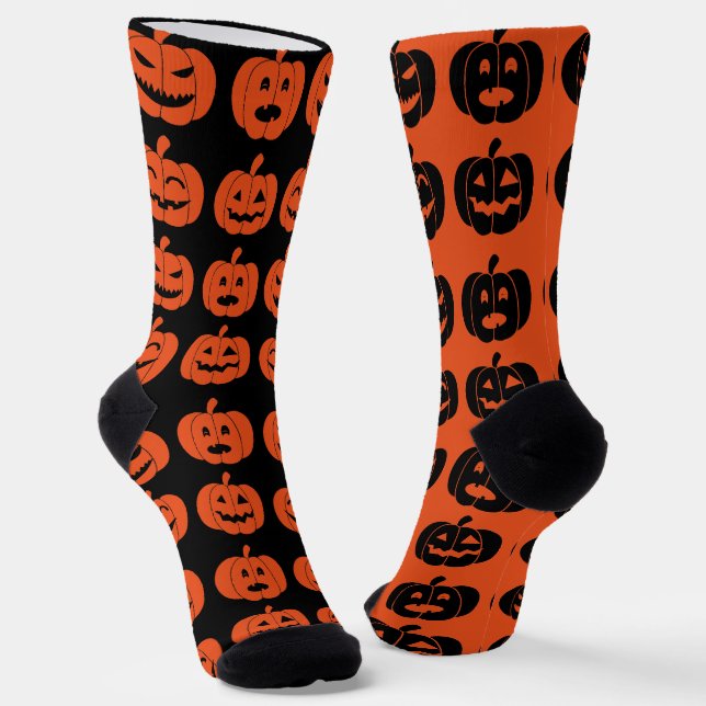 Fun Pumpkin Pattern Orange and Black Odd Halloween Socks (Angled)