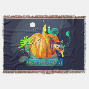 Fun Pumpkin Spirit – Halloween Animals & Moon  Throw Blanket
