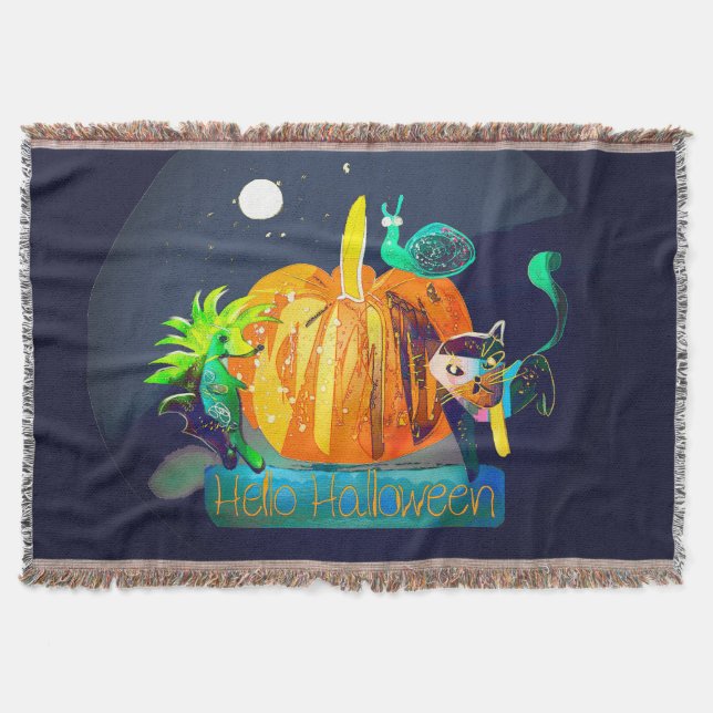 Fun Pumpkin Spirit – Halloween Animals & Moon  Throw Blanket (Front)