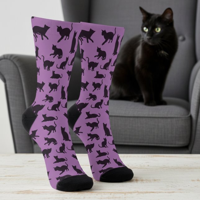 Fun Purple and Black Cat Print Socks (Purple and black socks for cat lovers.🐈‍⬛)