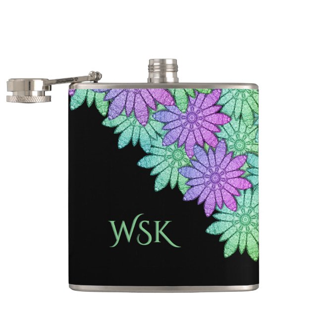 Fun Purple and Green Flowers Monogram Hip Flask (Opened)