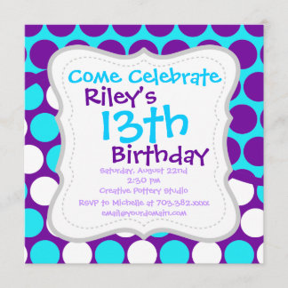 Fun Purple and Teal Polka Dot Wave Pattern Invitation