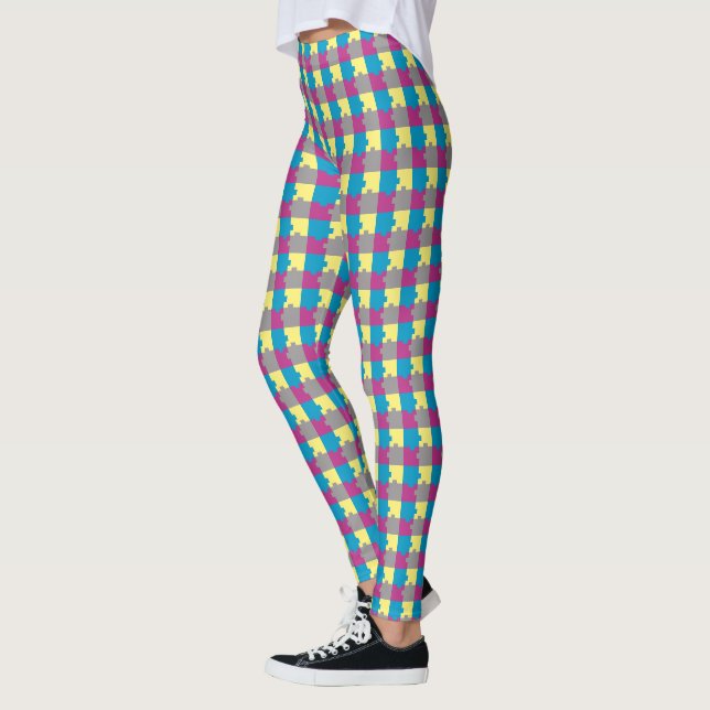 FUN Purple Blue Yellow Grey Puzzle Pattern   Leggings (Left)