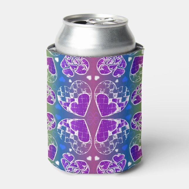 Fun Purple, blue, yellow Whimsical Hearts pattern Can Cooler (Can Front)