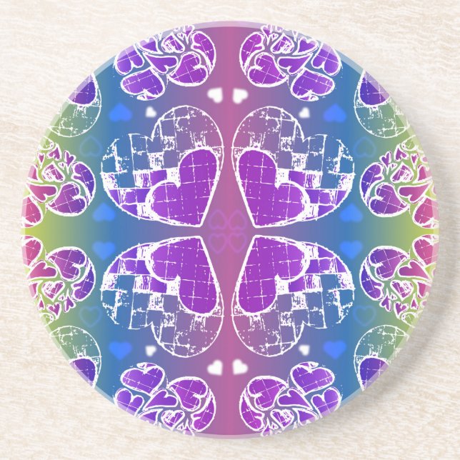 Fun Purple, blue, yellow Whimsical Hearts pattern Coaster (Front)