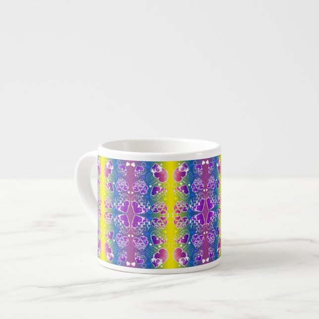 Fun Purple, blue, yellow Whimsical Hearts pattern Espresso Cup (Front Left)