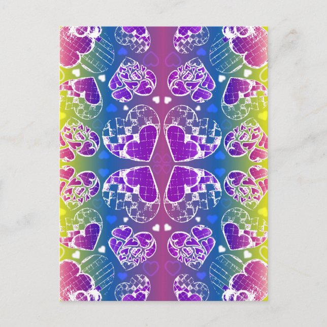 Fun Purple, blue, yellow Whimsical Hearts pattern Postcard (Front)