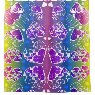 Fun Purple, blue, yellow Whimsical Hearts pattern Shower Curtain