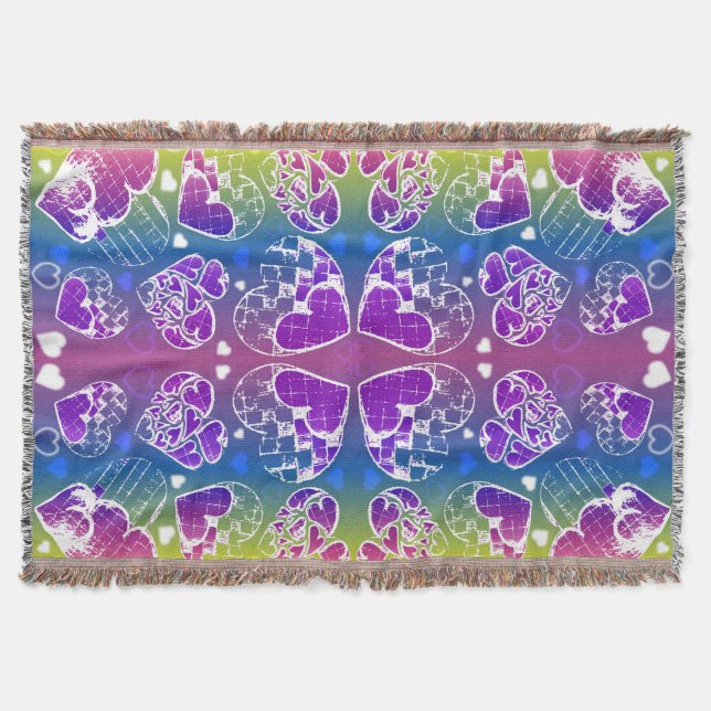 Fun Purple, blue, yellow Whimsical Hearts pattern Throw Blanket (Front)