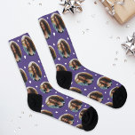 Fun Purple Custom Girlfriend Photo Heart Socks<br><div class="desc">Bold and fun, these custom socks feature your photo in a round frame on a vibrant purple background with white confetti hearts. Upload your photo and give your boyfriend or husband a standout gift he'll love showing off. Photo tip: crop your photo to a square shape prior to upload so...</div>